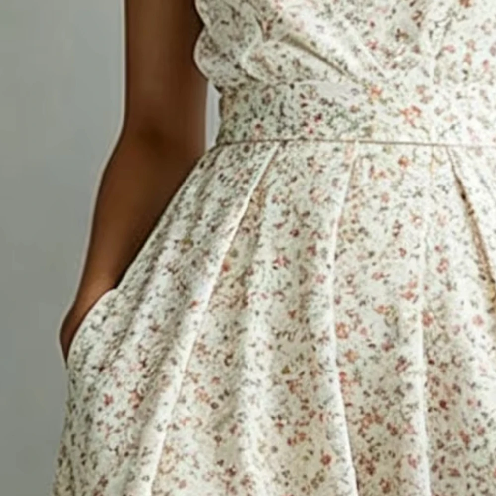 

Women's Summer Elegant Stand Collar Tiny Ditsy Floral Print Dress Short Sleeve Slim Fit Side Pocket Luxury Event Long Dress