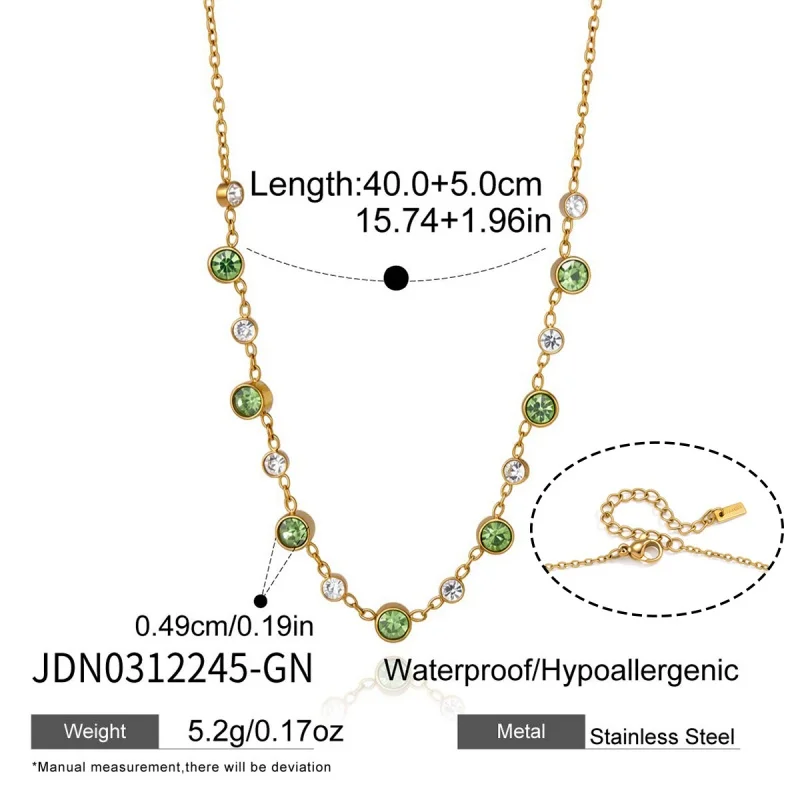 Gold Plated Green & White Crystal Layered Necklace, Dainty Bezel Set Gemstone Choker, Elegant Daily Jewelry for Women