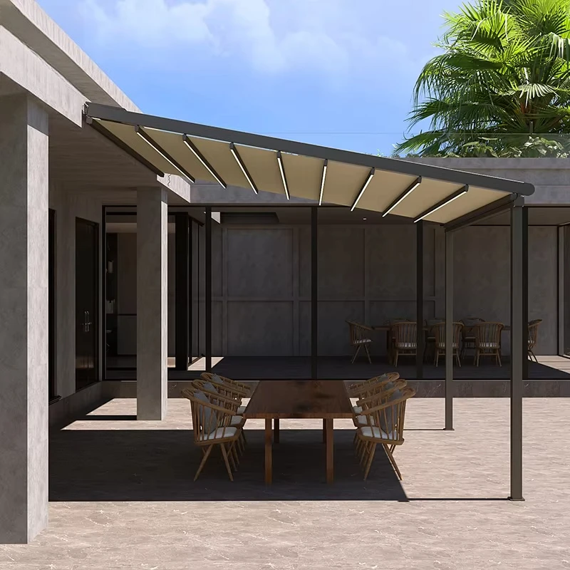 Factory Direct 2026 Aluminum Outdoor Garden Pergola Telescopic Folding Roof System Electrically-powered Waterproof Rainproof