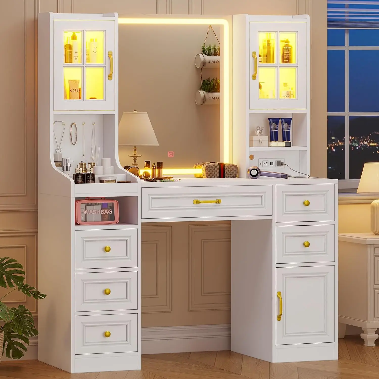 White Vanity Desk with Touch Screen Mirror and Lights, Large Makeup Vanity with RGB Light Cabinets & Charging Station, 6 Drawers