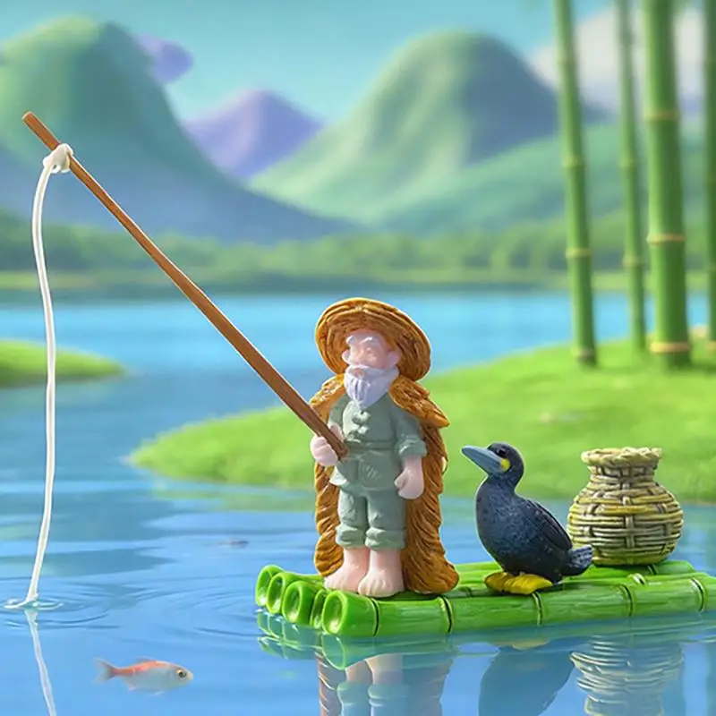 Miniature Old Fisherman Figurine With Bamboo Raft Cormorant And Fish Basket For Aquarium Bonsai Garden Decor