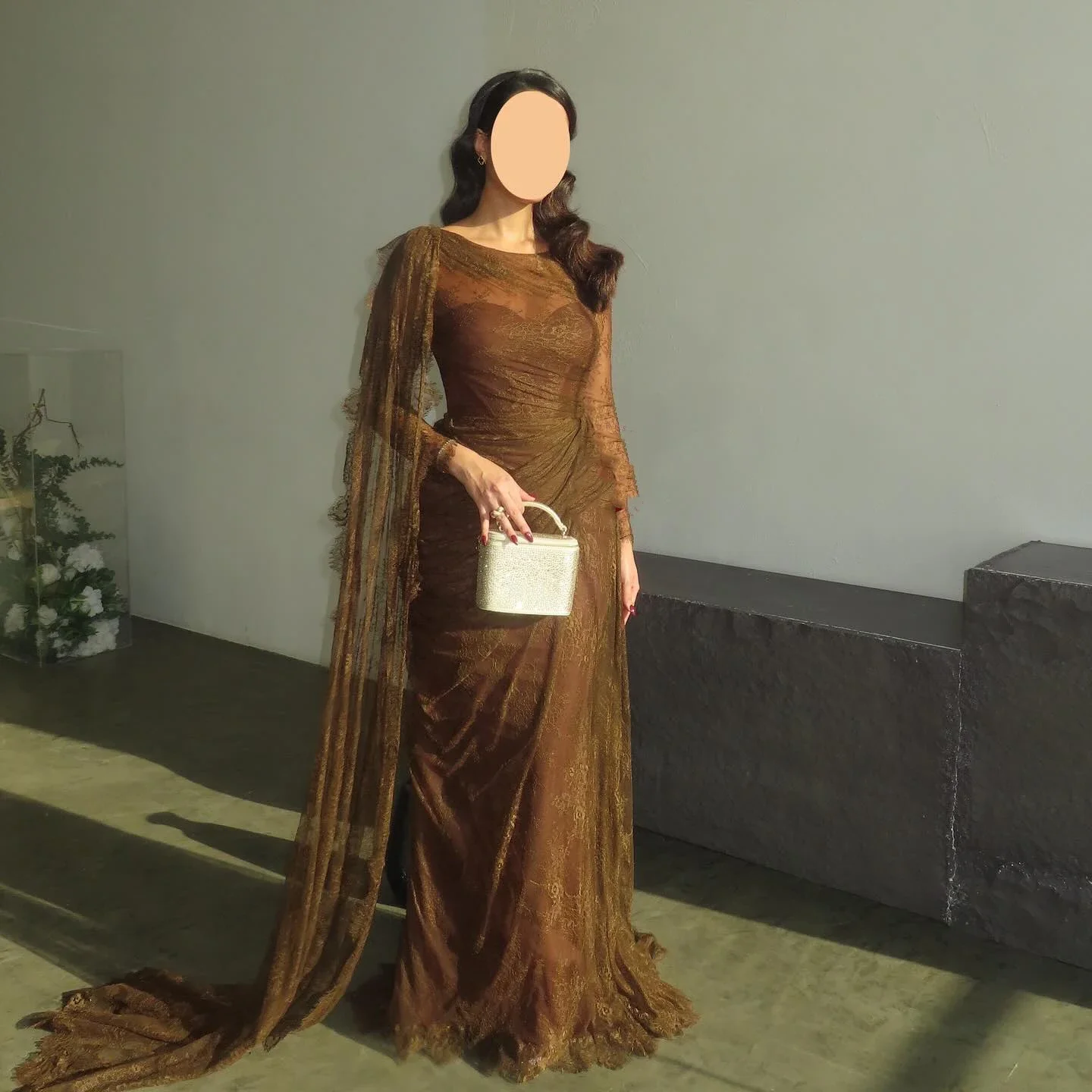 

Sharon Said Lace Brown Draped Mermaid Evening Dress with Long Sleeves for Woman Wedding Arabic Prom Gown SF539 Customized