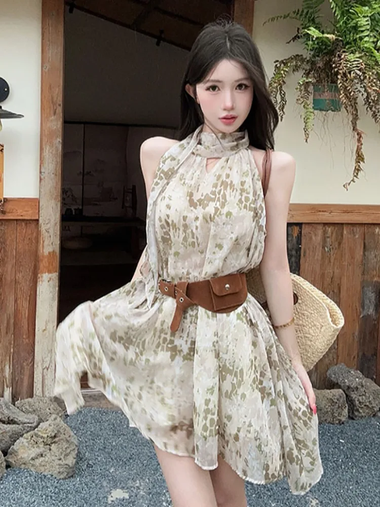 

Floral Print Halter Neck Short Dress Women's Summer New Waist Cinching Backless Holiday Vibes Casual Commuting Style