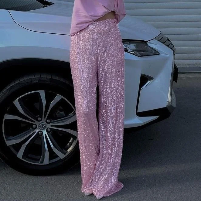 

Fashionable Pure Color Sequin Straight Leg Casual Pants Women's New Arrival Bright Sparkling Natural Waist Flared Type