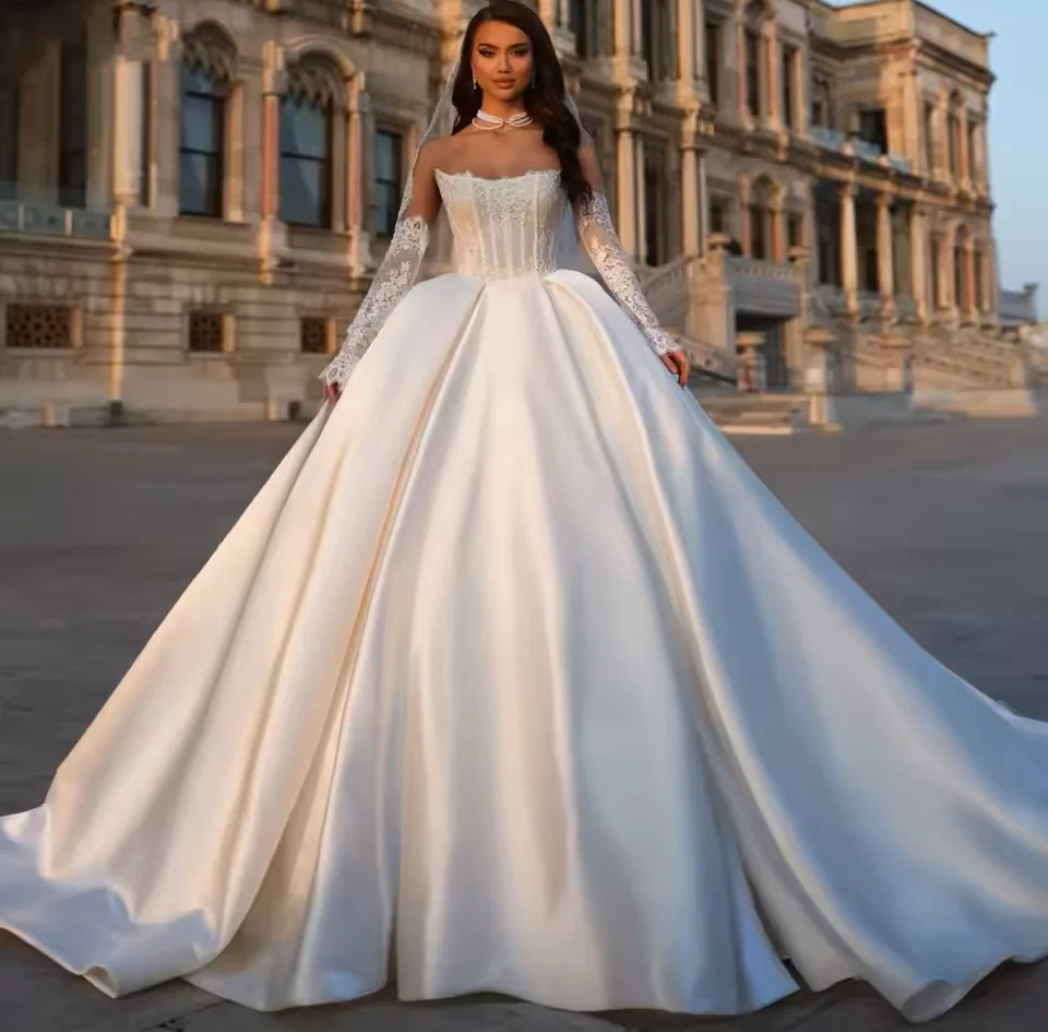 Elegant Church Wedding Dress Strapless Detachable Long-Sleeves Lace Top Satin Court Train A-line Bride Dresses Bridal Gowns