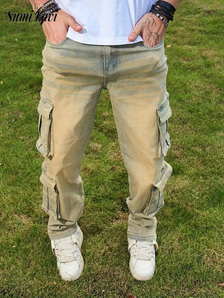 2026 Autumn New Casual Straight Jeans Mens Streetwear Vintage Multi Pocket Patchwork Denim Pants Men Fashion Jeans
