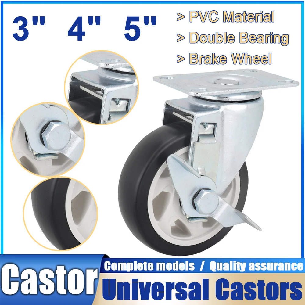 

4 Pack 3/4/5Inch PVC Flat Bottom Rubber Universal Wheels, Heavy-Duty Furniture Casters For Carts,Furniture,Cabinets,Wooden Boxes