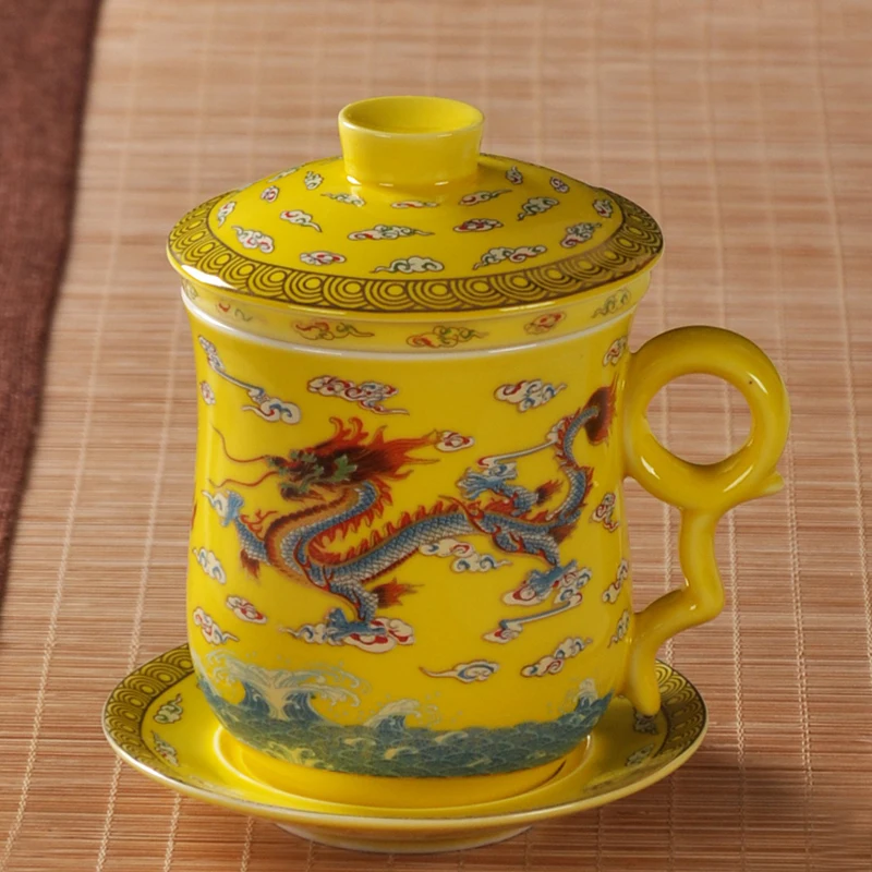 Ceramic Bone Filter with Lid, Office Cup, Personal Bubble Cup Chinese Dragon Cup, 250ml, Jingdezhen