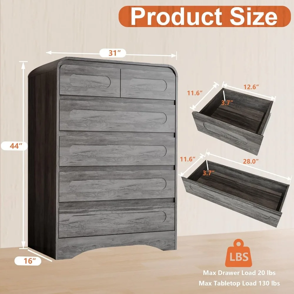 Grey Dresser for Bedroom with 6 Drawers, Tall Dressers & Chest of Drawers with Curved Profile Design, Farmhouse Wood Closet Clot