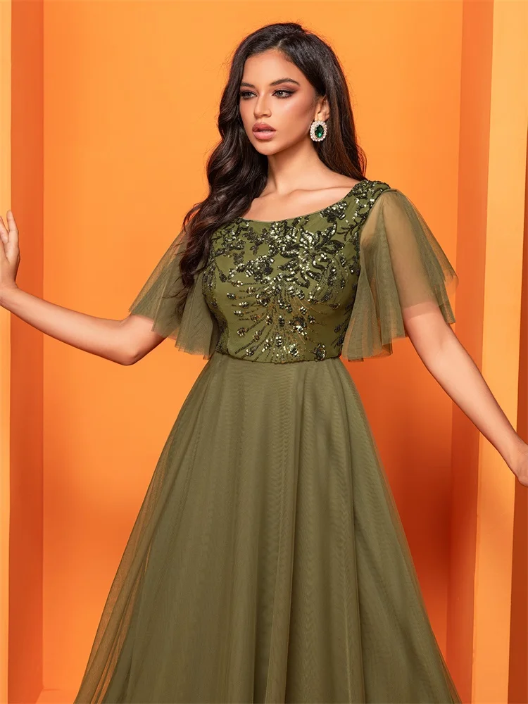 Lucyinlove Luxury Green Sequins Formal Evening Dress Women 2024 Elegant O-Neck Mermaid Prom Dress Short Sleeves Long Gowns