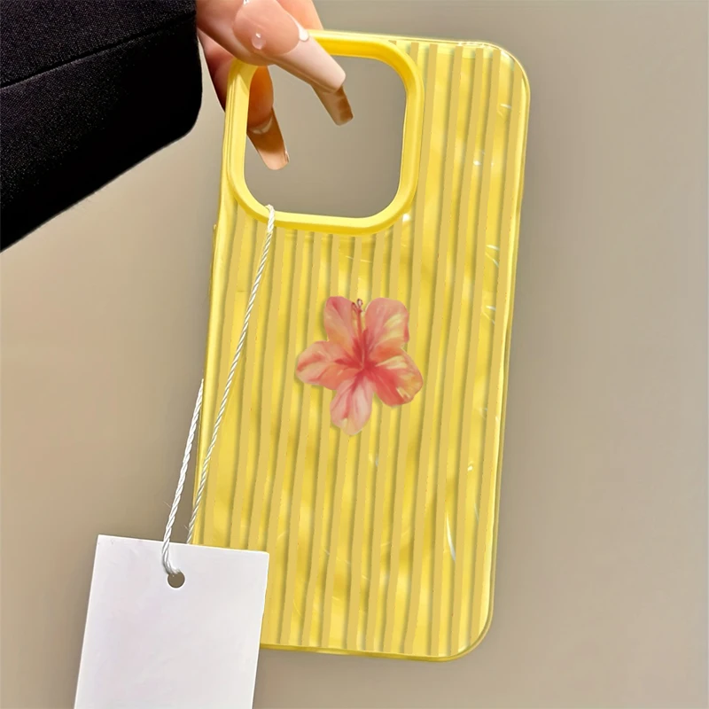 노란색 줄무늬 핑크 꽃무늬 감성적인 아이폰 17 프로 16 15 14 13 12 11 프로 맥스 플러스 에어 주름 텍스처 TPU 케이스