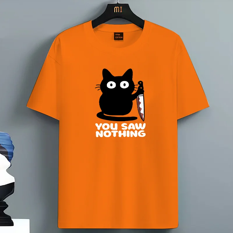 تي شيرت رجالي مضحك على شكل قطة مطبوعة أساسي برقبة دائرية 100% قطن، تي شيرت قابل للتنفس برقبة دائرية وأكمام قصيرة مناسب للجنسين للرجال والنساء