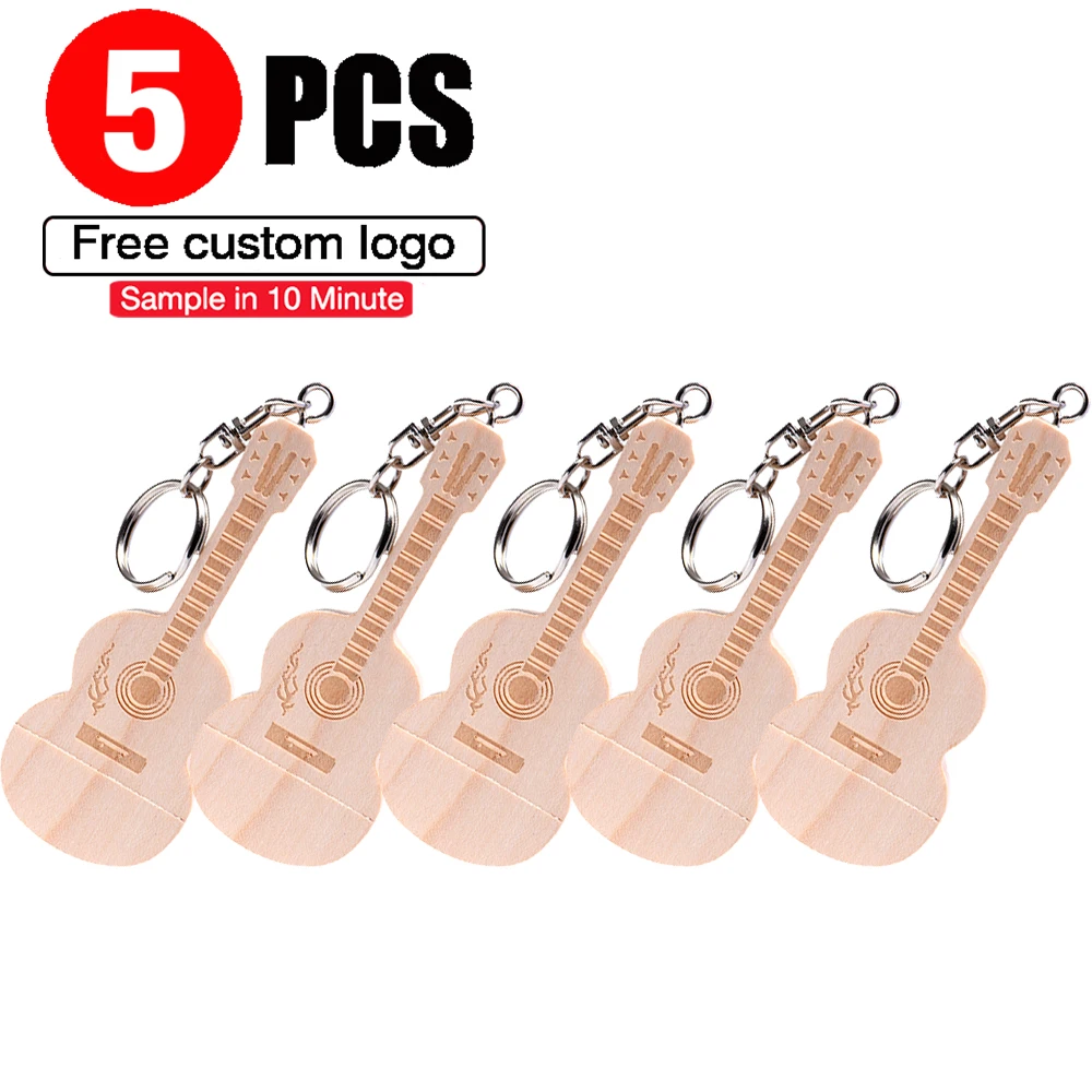 5PCS/LOT USB Flash Drive 128GB Free Custom Logo Pen Drive Guitar Shape Wooden Box Memory Stick Music with Keychain Wedding Gift