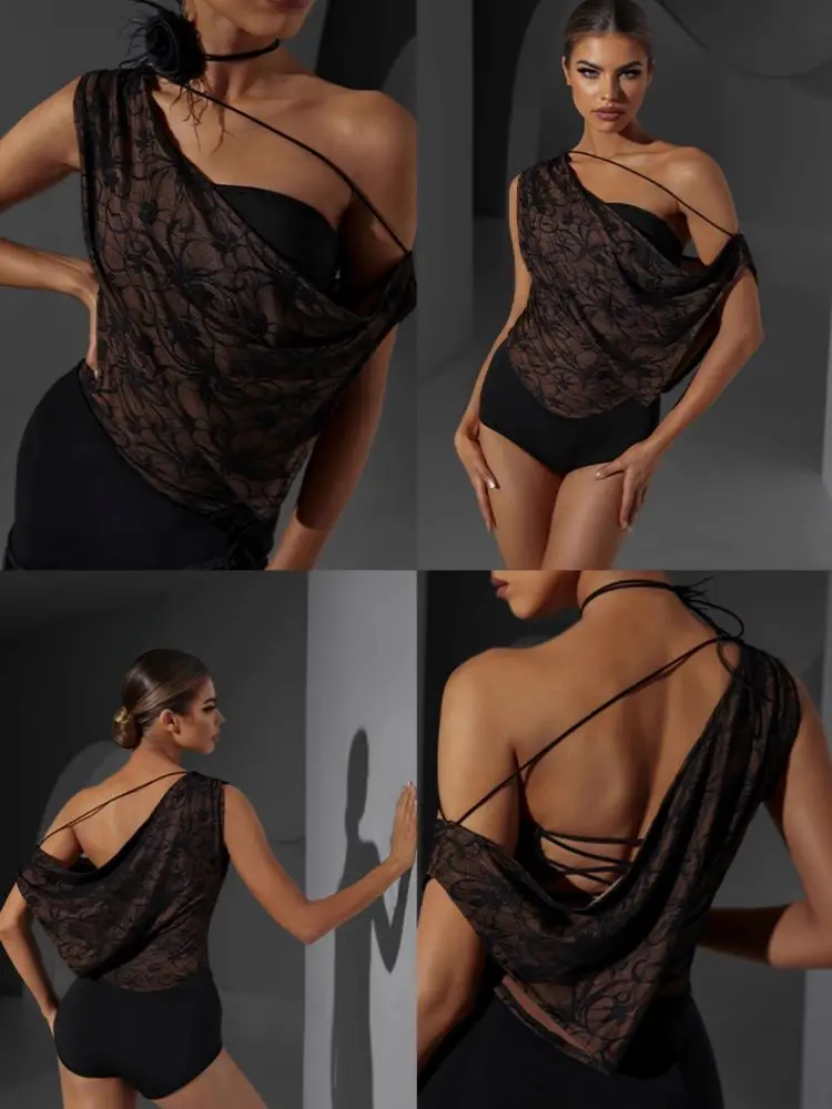 Zym Latin Dance Top Losse Pasvorm Sexy Kanten Bodysuit Latino Dance Wear Rekbare Comfortabele Stof Oefenpak Zymdvoorouders #2347