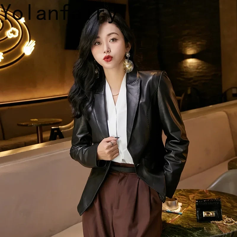 Veste en cuir véritable pour femme, manteau en peau de mouton véritable, veste trempée, revers mince, mode coréenne, 2024