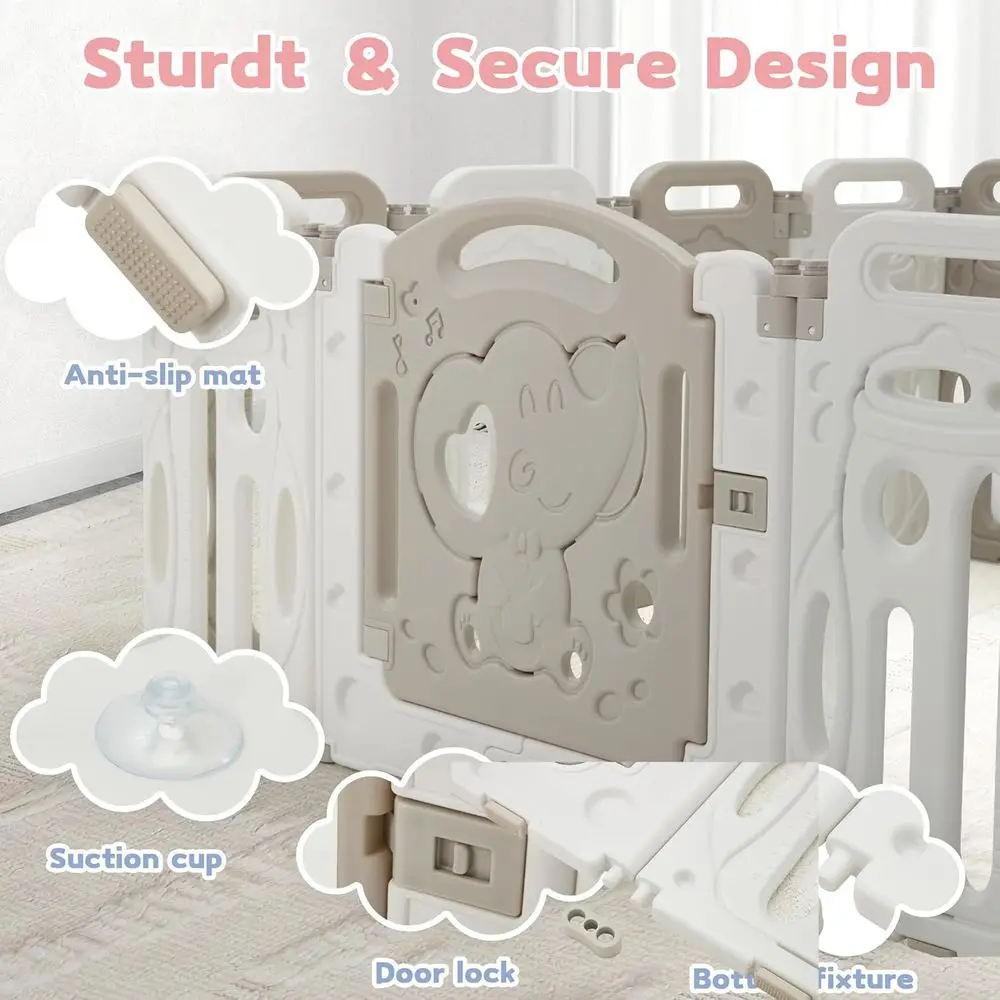 روضة بلاستيكية قابلة للطي مع 14 لوحة، باب قابل للقفل، مشغل موسيقى، شبكة كرة قدم، وتروس دوارة للأطفال الصغار #4