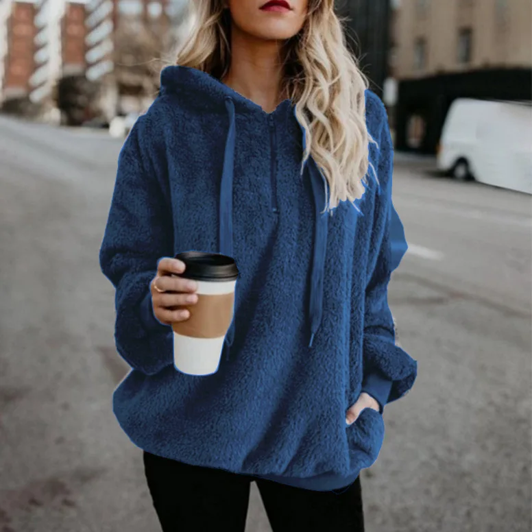 Women Casual Plush Hooded Sweatshirt Half Zip Drawstring Design Long Sleeve Front Kangaroo Pocket Relaxed Winter Pullover