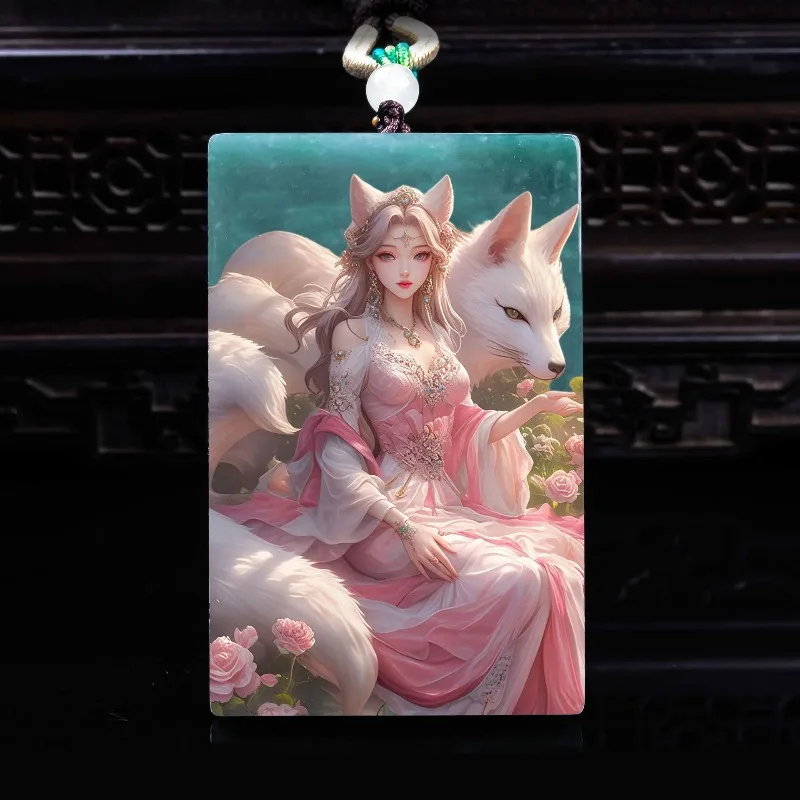 

Natural A-grade jade Nine Tailed Fox Fairy exquisite ultra clear spray painted high ice jade pendant Magnetic field protection