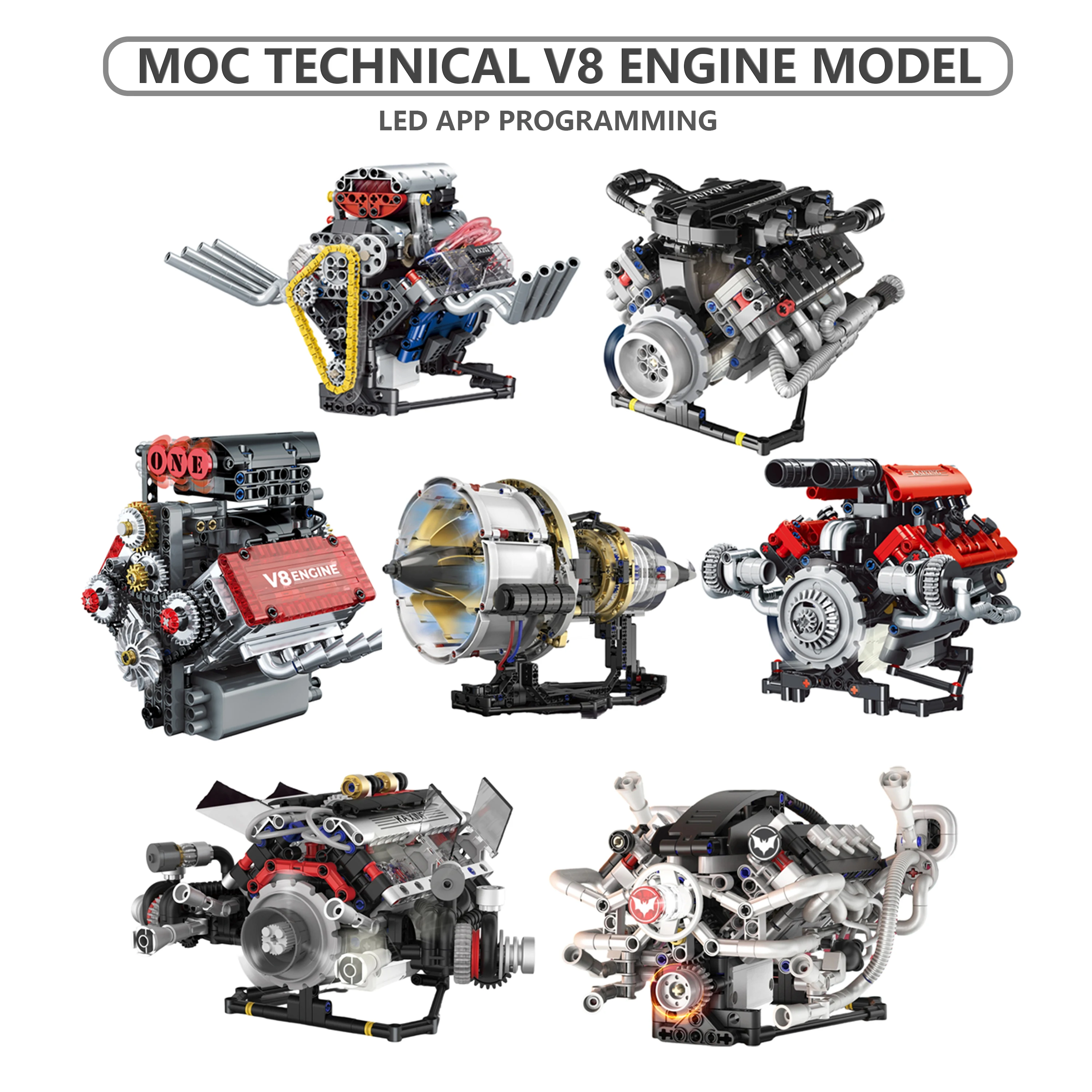مجموعة مكعبات بناء محرك MOC التقنية V8 مع ضوء LED ونموذج آلية التحكم الآلي في التطبيق للبالغين #1