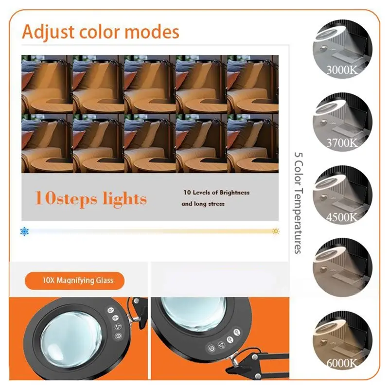 LED Desk Light 10X Magnifying Lamp With Clamp 5 Color Modes 10 Dimmable Levels Folding Swing For Craft Repair-AA26