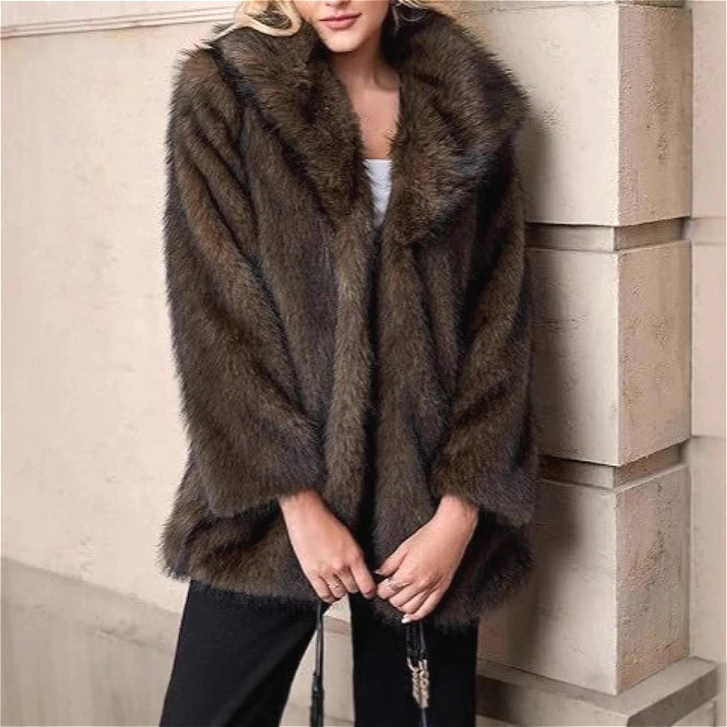 

Mid Length Coat Women Faux Fur Fox Jackets Turn Down Collar Coats Thick Warm Y2k Streetwear Jacket Elegant Work Autumn Winter