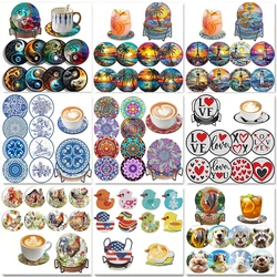 8 pieces/set of Tai Chi Bagua diamond painted coaster set, sparkling water diamond heat-resistant beverage coaster with bracket
