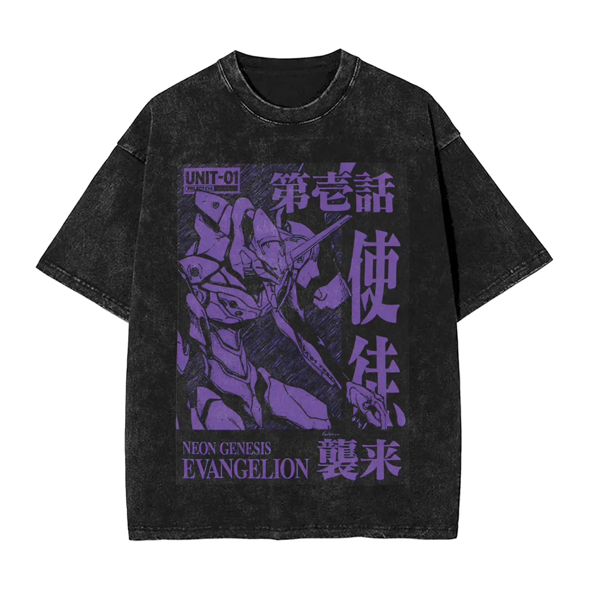 Camiseta Vintage Lavada EVA Unit-01, Diseño Gráfico de Anime Neon Genesis Evangelion Mecha, Camiseta Oversize de Algodón para Hombre y Mujer