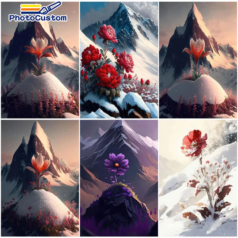 

PhotoCustom Oil Paintings By Number On Canvas Snow Mountain Landscape Flowers Handmade For Adults DIY Kits Pictures Home Decor