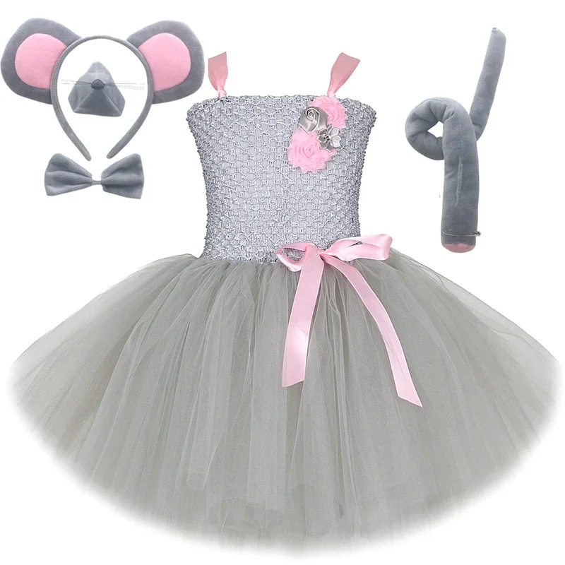HN8 Baby Girls Gray Mouse Tutu Dress for Kids Halloween Rat Costumes Children Animals Outfits Birthday Clothes with Ears Bow)4Dc