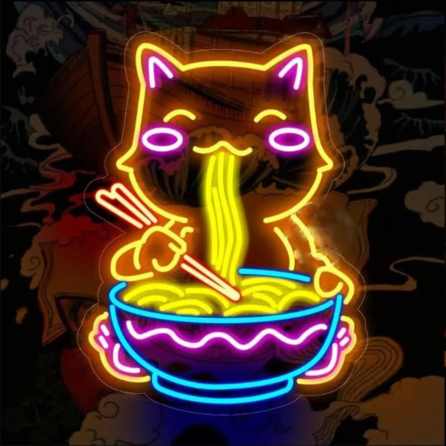 Ramen Cat LED Neon Sign USB Powered Neon Night Light Wall Art Lamp for Restaurant Cafe Bar Bedroom Home Aesthetic Decor Gift