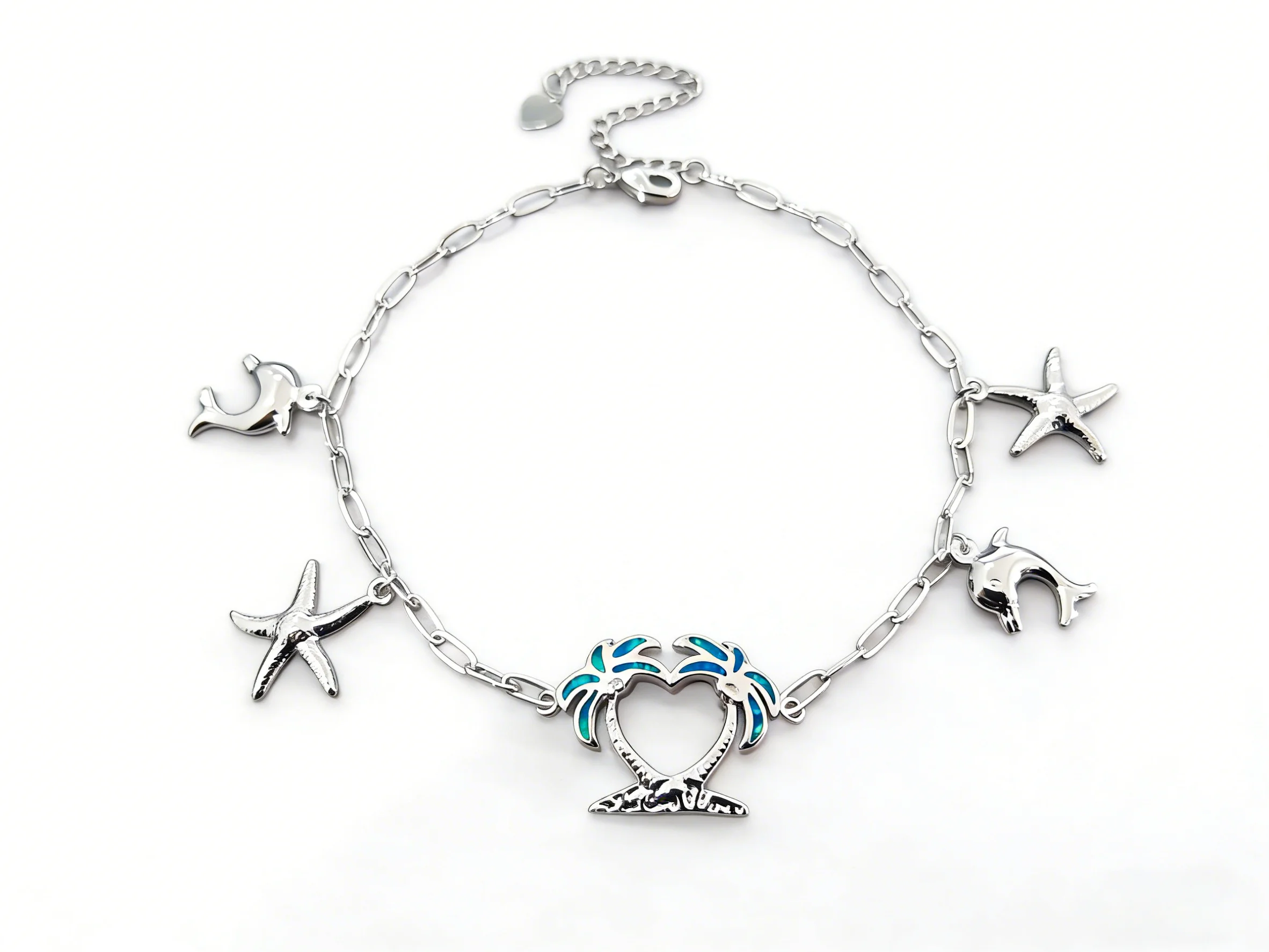 Boho Anklet for Women,Starfish Dolphin Seaside Charm,Blue Palm Tree Heart Pendant, Vintage Beach Jewelry,Festival Vacation Gift