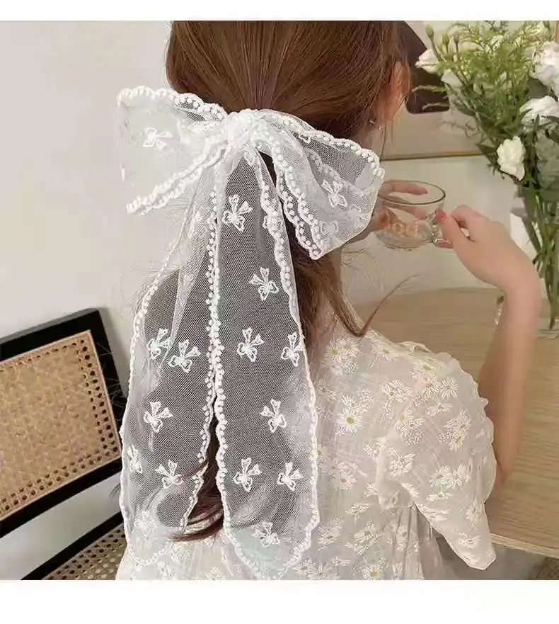 Elegant Lace Embroidered Silk Scarf Headband Floating Hair Ribbon with Ethereal Charm Girlish Silk Headband