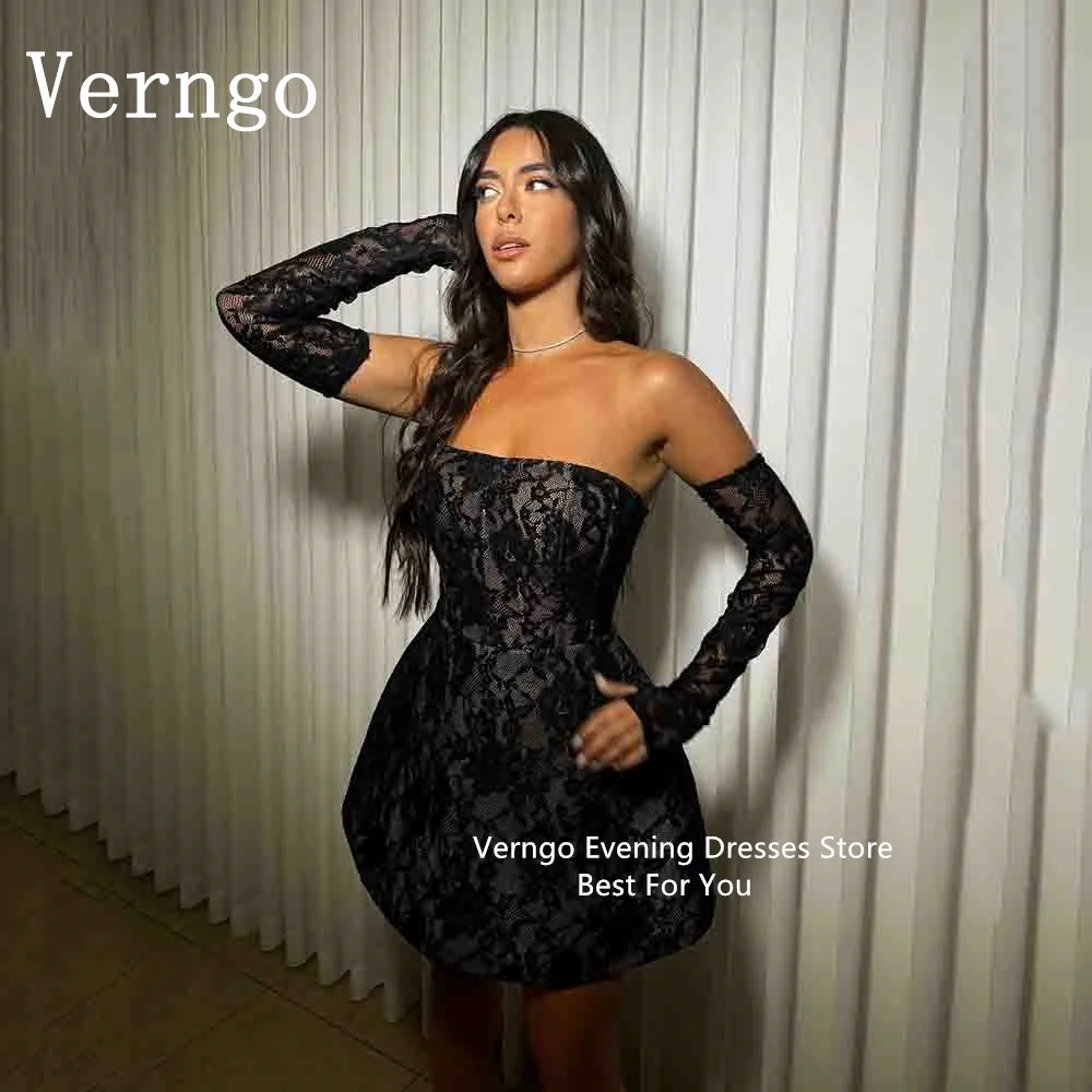 

Verngo Black Lace Mini Prom Dress Strapless A Line Sexy Short Cocktail Dress For Women Elegant Night Club Birthday Party Dress