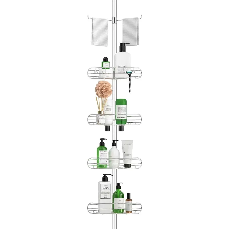 

Corner Shower Caddy Tension Pole, 4-Tier Adjustable Shower Shelves, Rustproof Bathroom Shower Organizer Corner