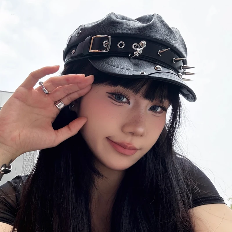 Women Trendy Beret Hat Black Pu Leather Flat Top Captain Caps Military Hats Personality Punk Hip-hop Rivet Beret