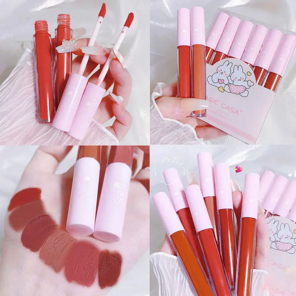 Impermeável Matte Lip Gloss Set, duradouro, vermelho nu, sexy, veludo, batom líquido bonito, copo não pegajoso, maquiagem, cosméticos, 6pcs