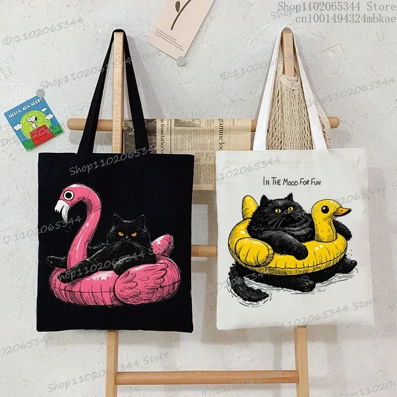 Women's Tote Bag Fat Cat on A Flamingo Duck Floatie Print Handbag Fashion Black Cat Convenient Practical Shoulder Commuter Bag