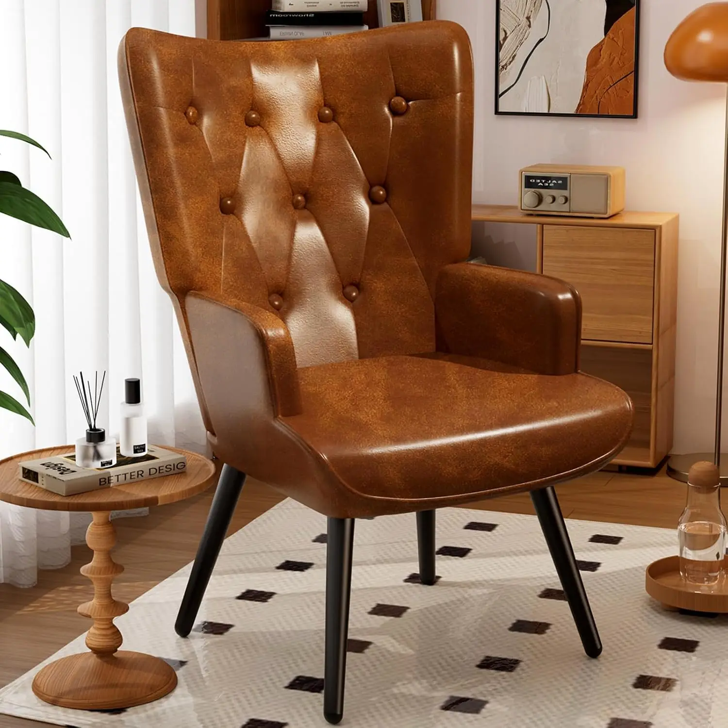 PU Leather Accent Chair High Back Wingback Armchair Mid Century Modern Living Room Bedroom Reception Customized