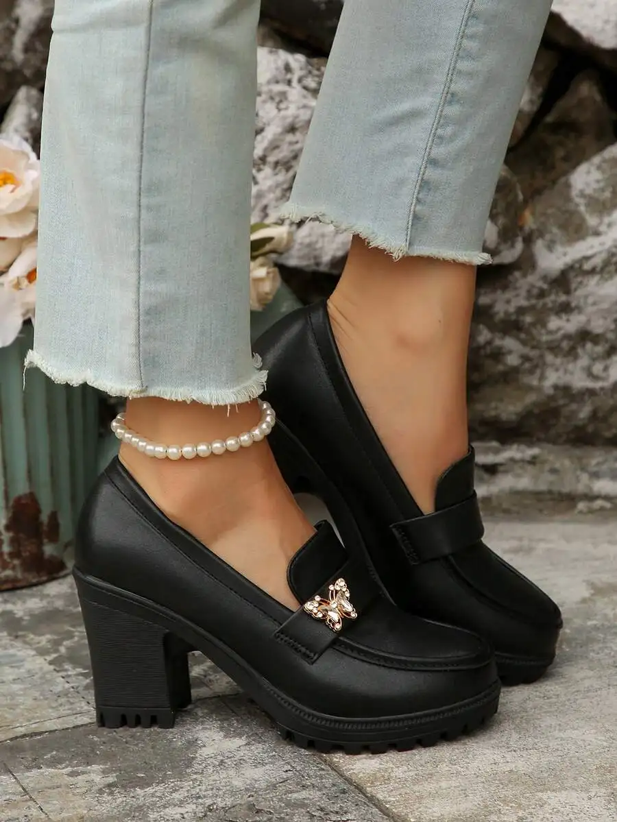 Womens Black Loafers With Butterfly Embellishment And Pearl Anklet, Chunky Heel Slip-On Shoes view 5