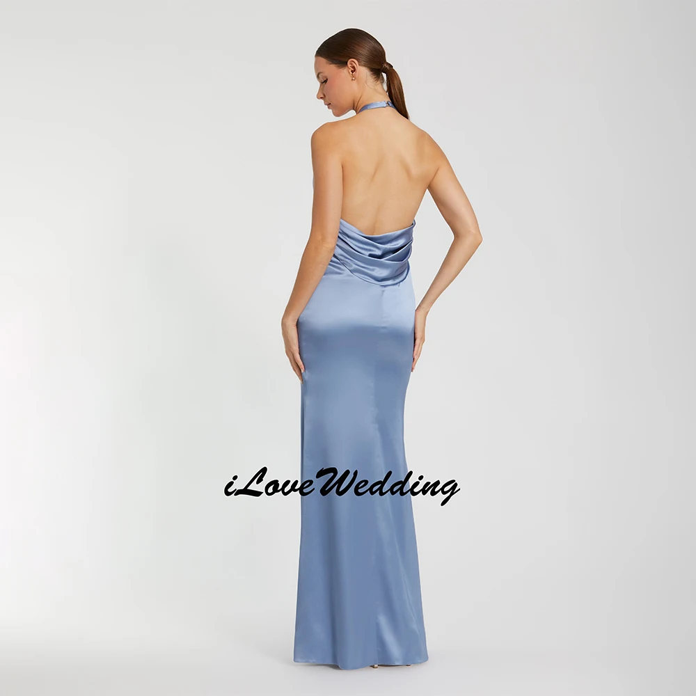 Customized Exquisite Blue Flower Evening Dress Halter Neck Deep V-Neckline Central Three-Dimensional Floral Applique Backless