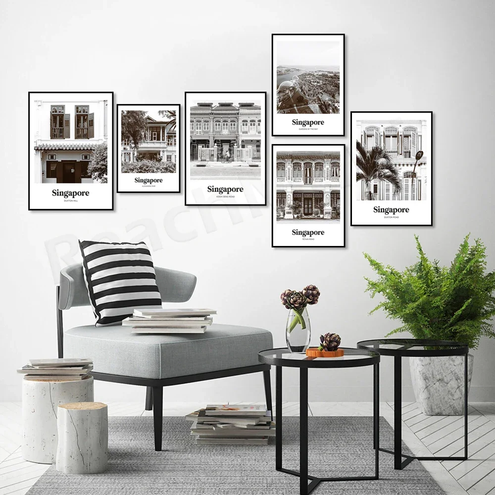 Black and White Singapore, Duxton Hill, Colonial Houses, Alexandra Park, Marina Bay Sands, Shophouses, Asia Travel Poster Print