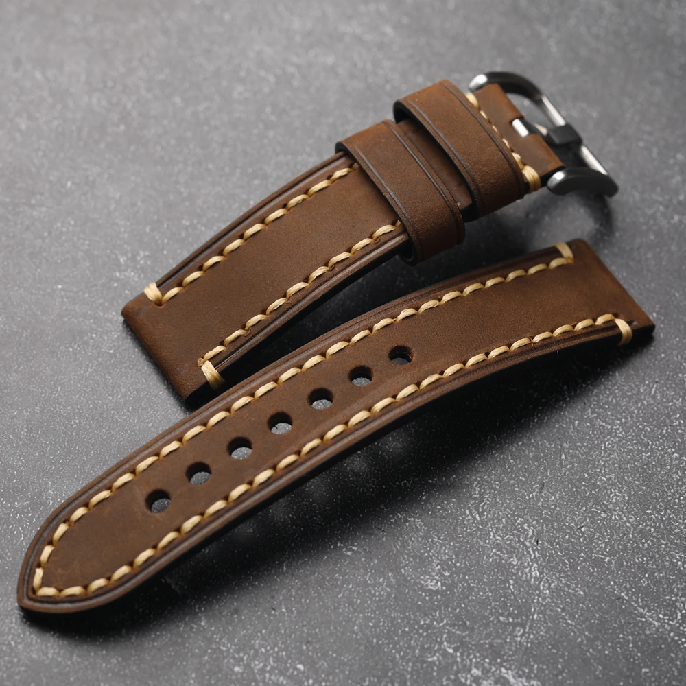 Vintage Brushed Brown Black Cowhide Strap 18mm 20mm 21mm 22mm 23mm 24mm 26mm Soft Crazy Horse Leather Bracelet