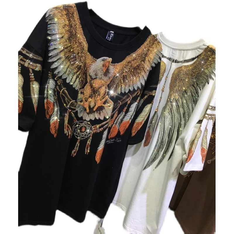 L-4XL Big Size Print Both Side Eagle Rhinestones Top Oversize T-shirt Women Men Loose Short Sleeve Hip Hop Graphic T Shirts Lady