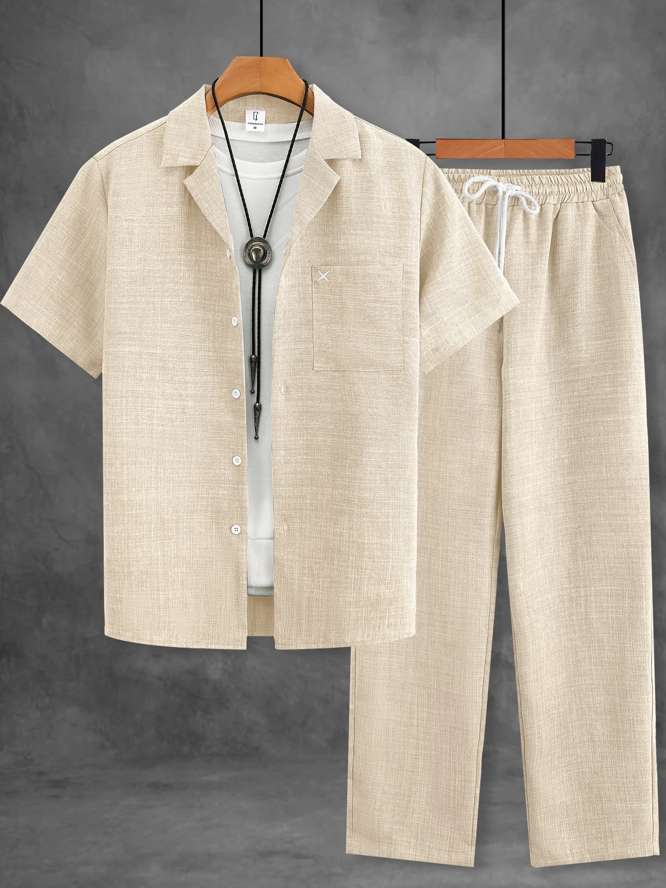 

Men's Smart Casual Textured Set, Lapel Short Sleeve Shirt & Drawstring Pants for Vacation