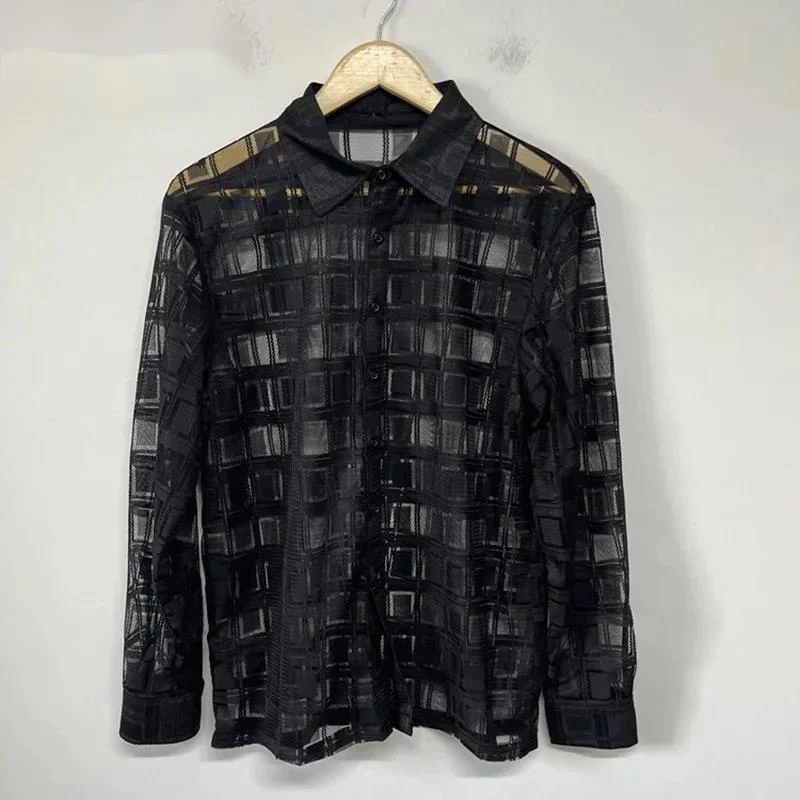 Trend New Men's Shirt Sexy Plaid Sheer Mesh Layered Design Long Sleeve Single-breasted Turn-down Collar Loose Tops ZS35