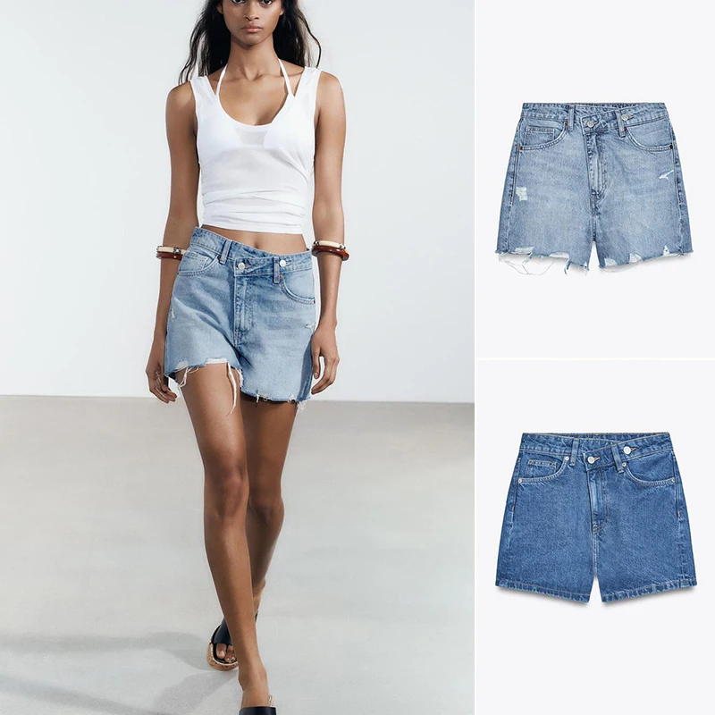 

Summer Women's Loose Comfortable High Waist Denim orts Asymmetric Design Hole Decoration Casual Straight Leg Zipper Sle