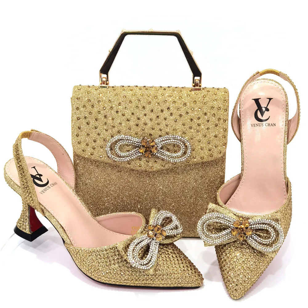 

New Fashionable 2022 Autumn New Design African Matching Shoes and Bag Set in Gold for Wedding Dress