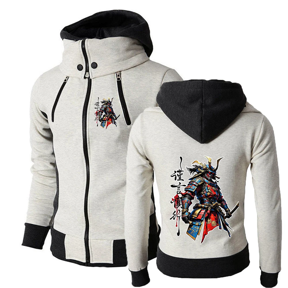 Street-style Samurai Pattern Logo Print 2026 Spring And Autumn Men's Zipper Drawstring Hooded Jacket Coat Simple Style Hoodies