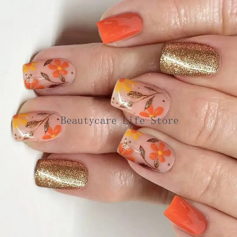 652C Glittering Flower Artificial Tips Rectangular Artificial Fingernails Press