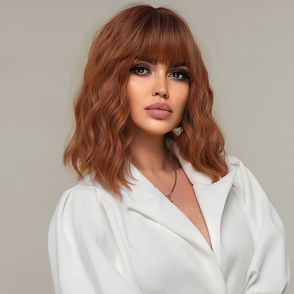 Short Bob Wavy Synthetic Wig Red Brown Copper Ginger Wigs with Bangs for Women Natural Party Cosplay Heat Resistant Hair